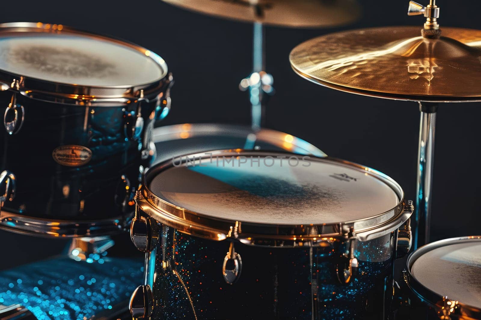 Drum set on black background. Musical drum kit in studio. AI Generated.