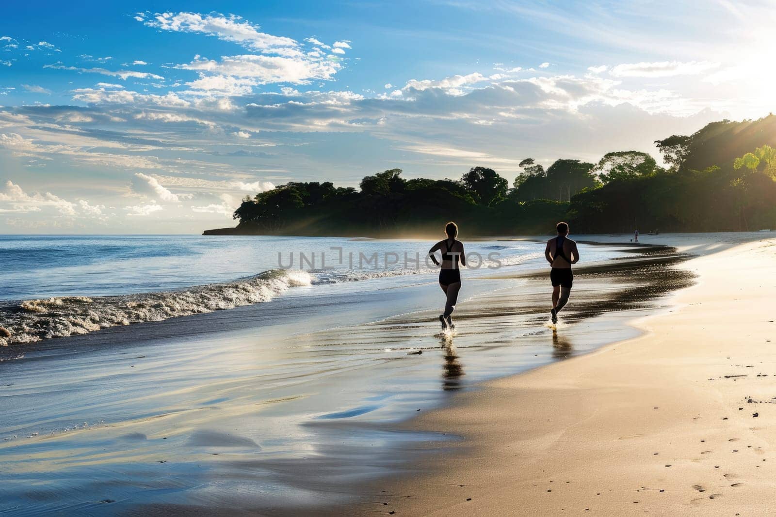 Couple on a morning run on the beach, back view. Healthy lifestyle. AI Generated.