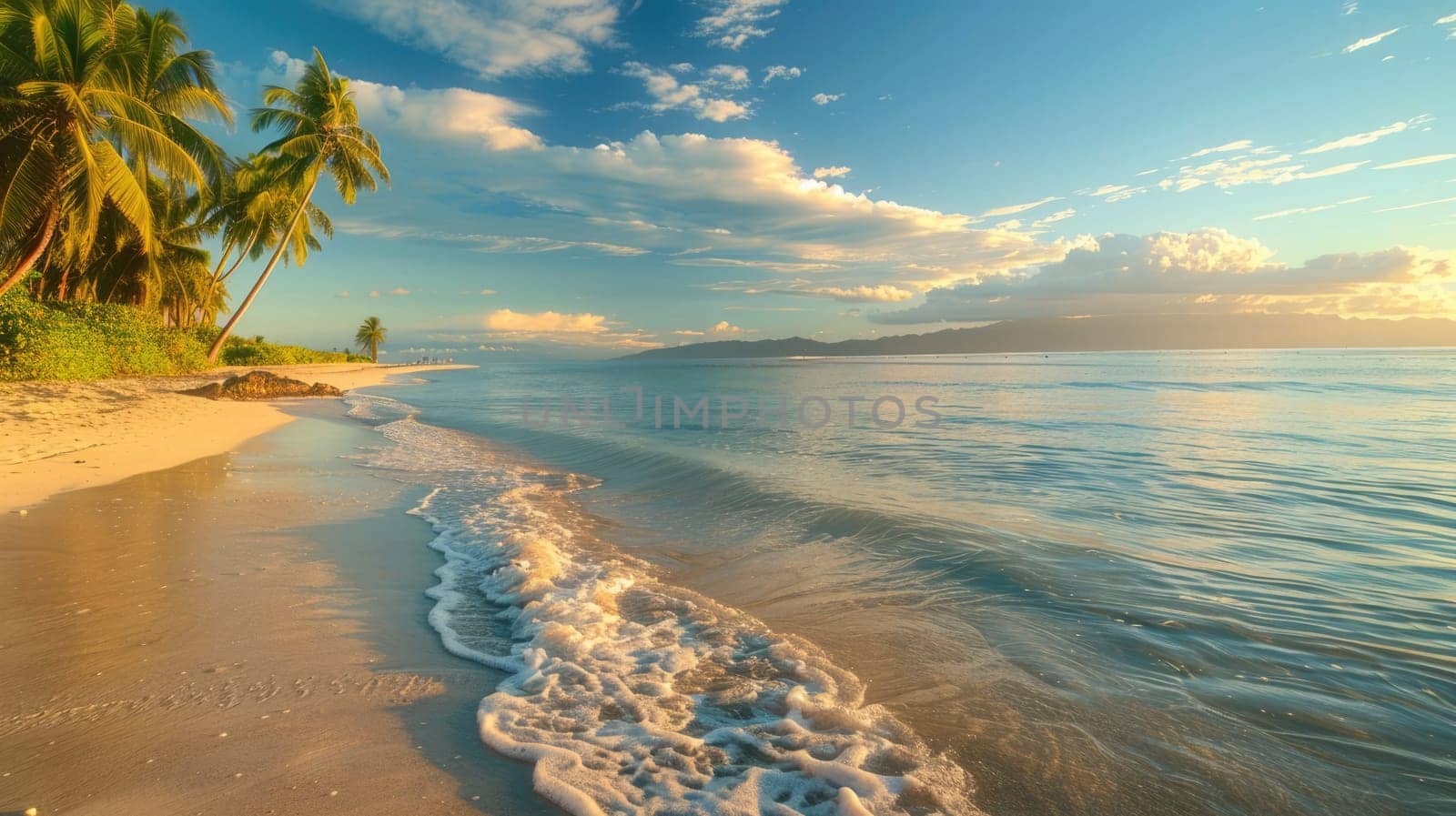 Tropical beach at sunrise. Palm trees and sea waves. Paradise island. AI Generated.