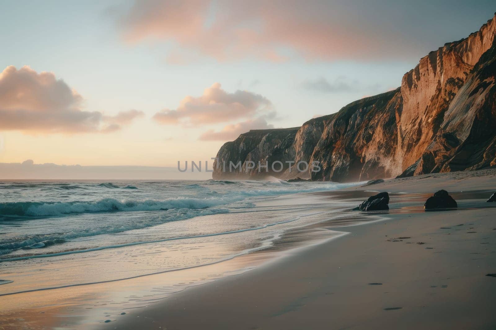 Ocean beach and cliff. AI Generated.