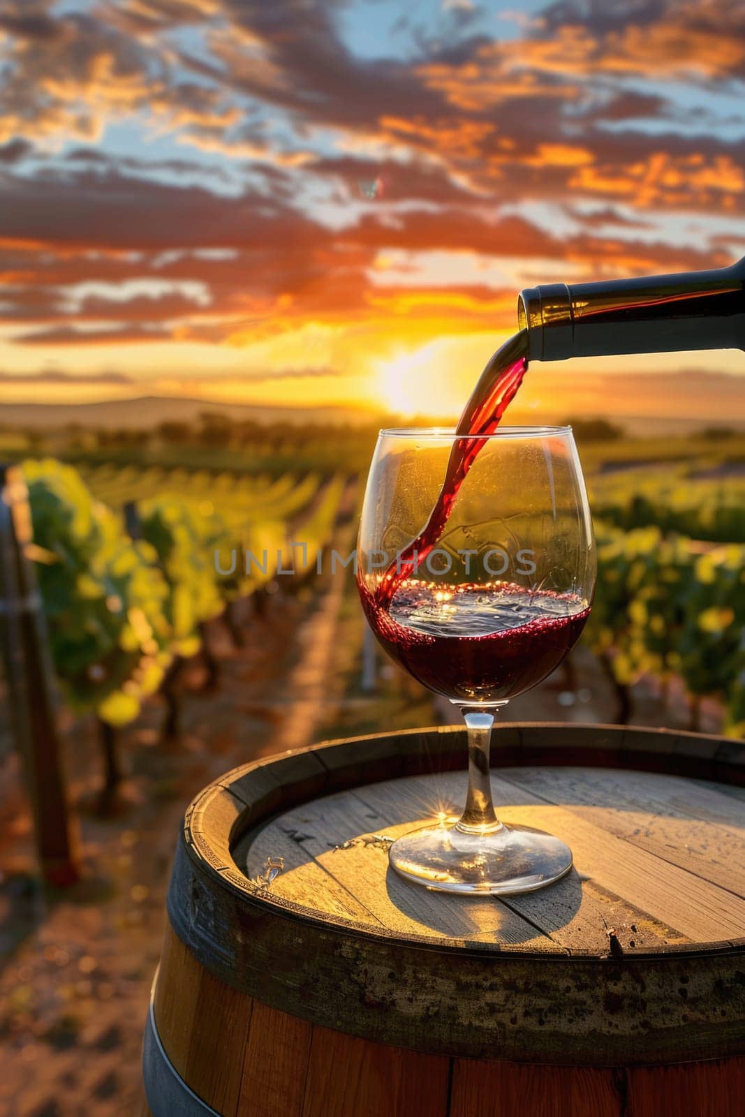 Pouring red wine into glass in the vineyard at golden hour sunset. AI Generated.