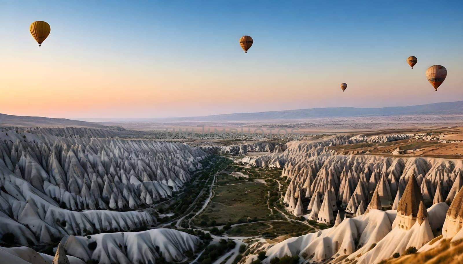 AI generated of Cappadocia road in Turkey with hot air balloons