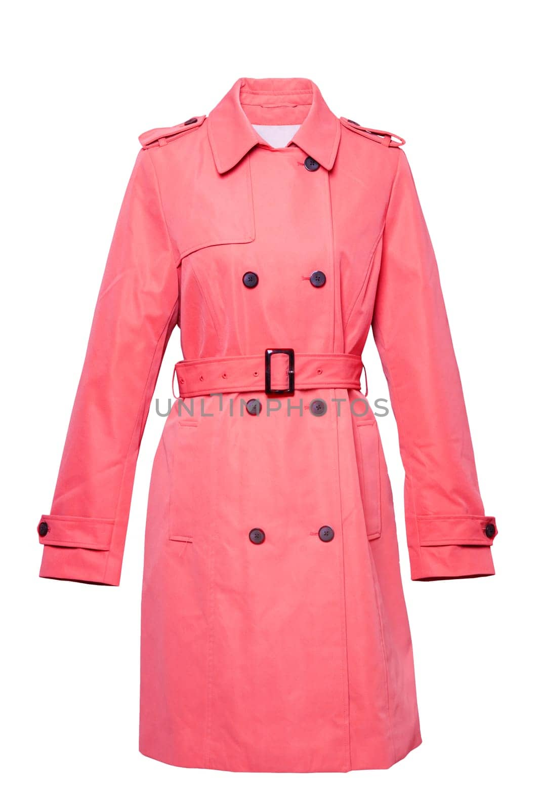 Woman coat isolated. A luxurious and stylish elegant female red  trenchcoat on mannequin isolated on a white background. Trench coat for spring and summer fashion.