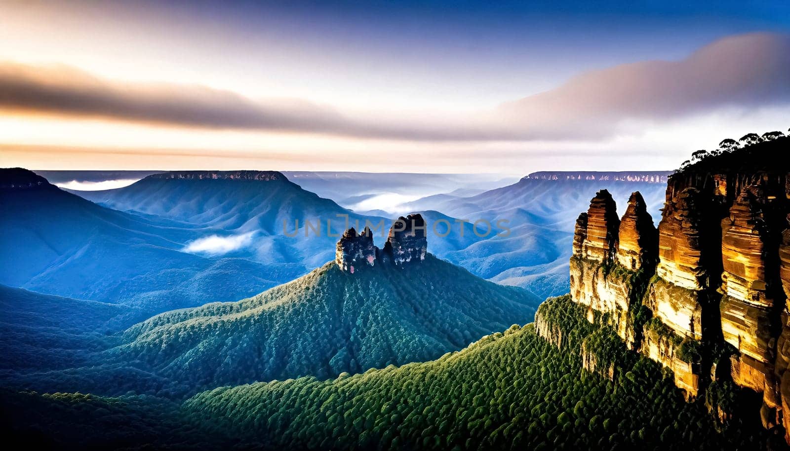AI generated of a sister rock mountain with a green landscape and a blue mountain in the background
