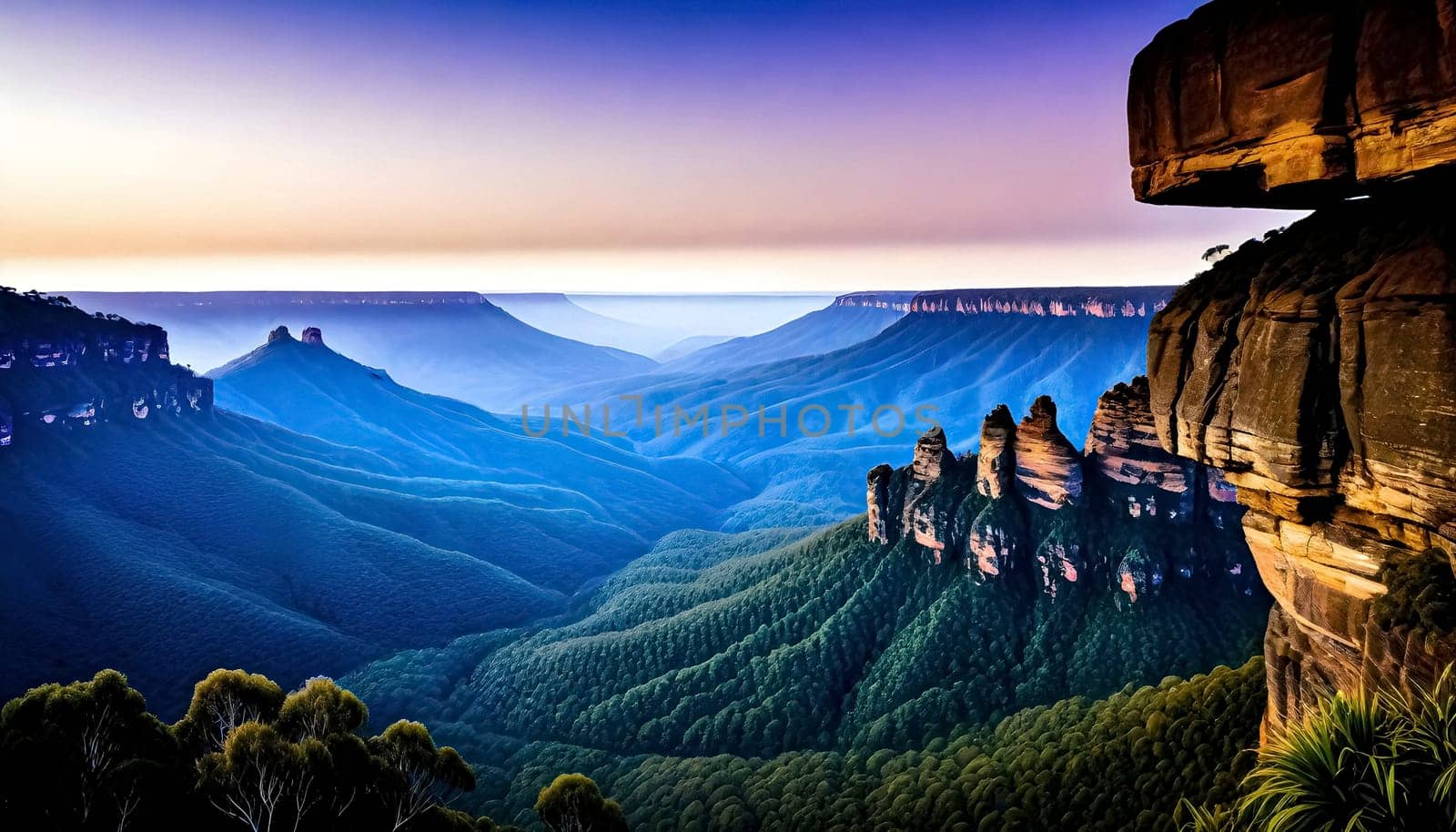 AI generated of a sister rock mountain with a green landscape and a blue mountain in the background