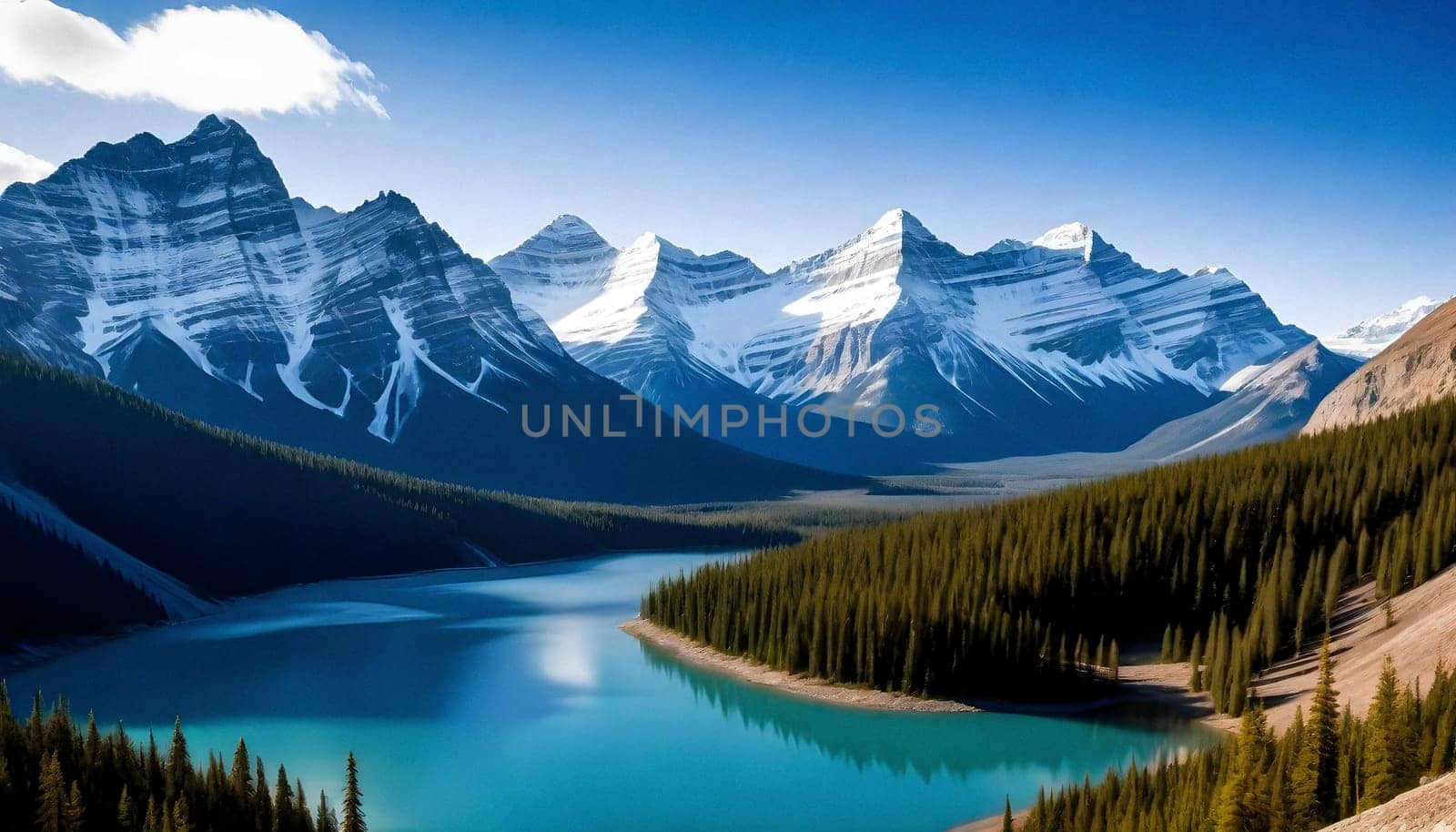 AI generated of a beautiful canadian rockies with emerald turqoise color lake in Canada
