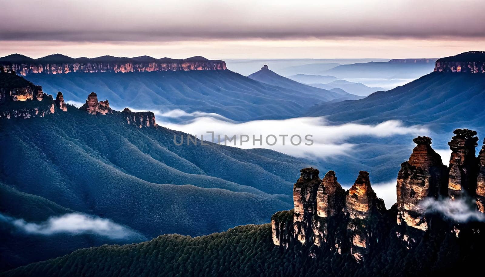 AI generated of a sister rock mountain with a green landscape and a blue mountain in the background