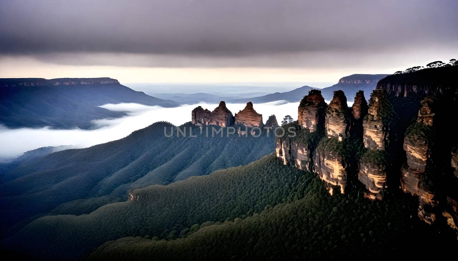AI generated of a sister rock mountain with a green landscape and a blue mountain in the background
