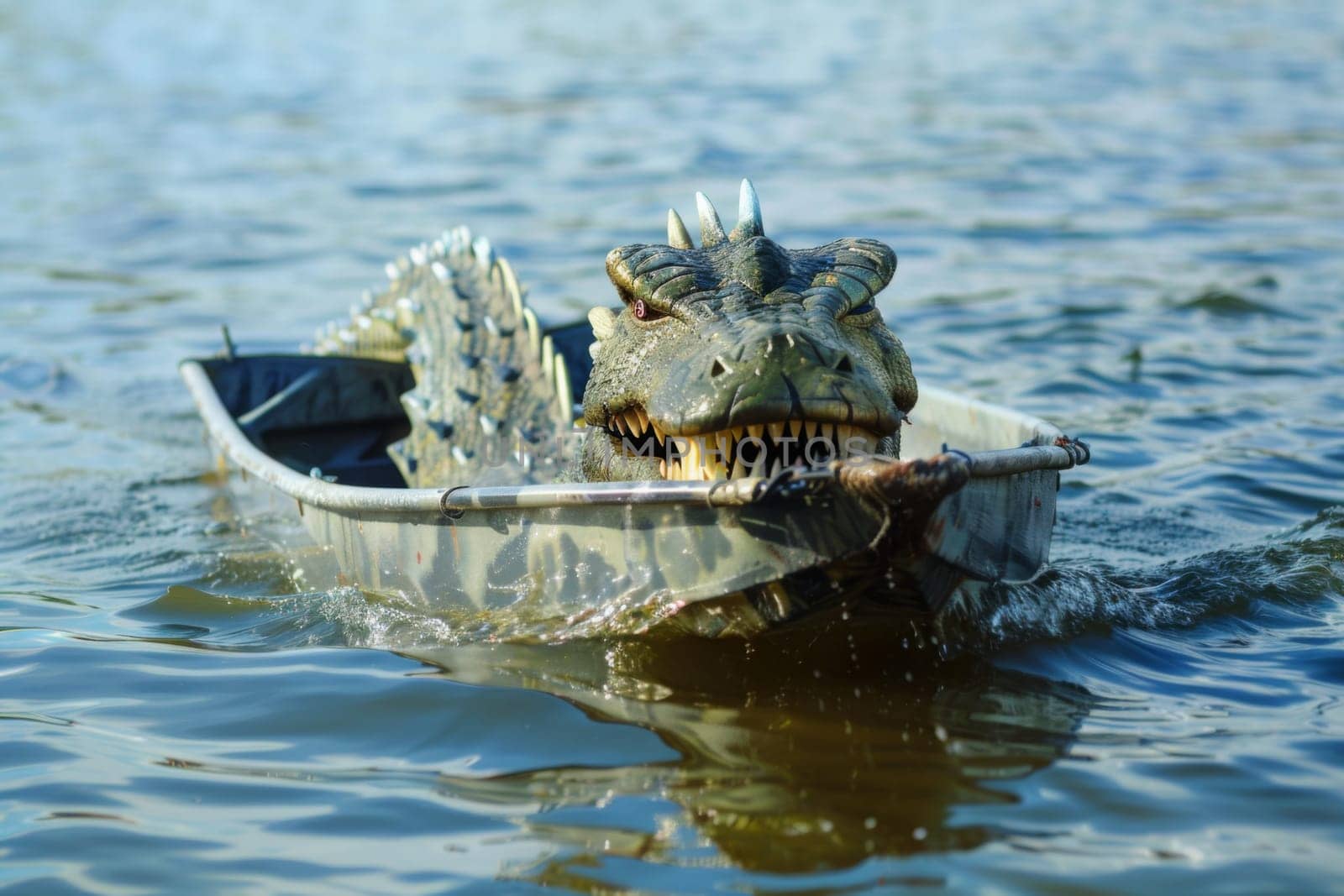A large alligator is seen with a small boat clenched in its mouth. The boat appears to be struggling against the powerful jaws of the alligator, creating a tense and dangerous situation.