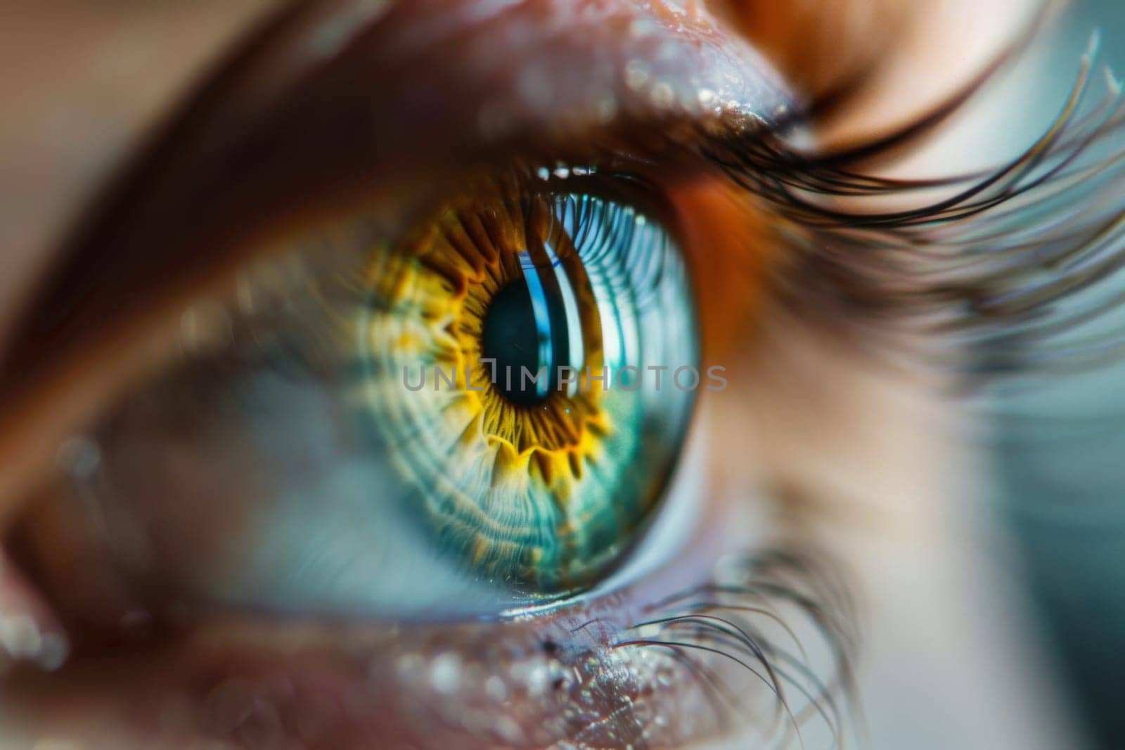 A detailed close-up view of a persons eye revealing a striking yellow iris. The iris stands out distinctly against the contrasting whites and darks of the eye, displaying a unique and rare coloration.