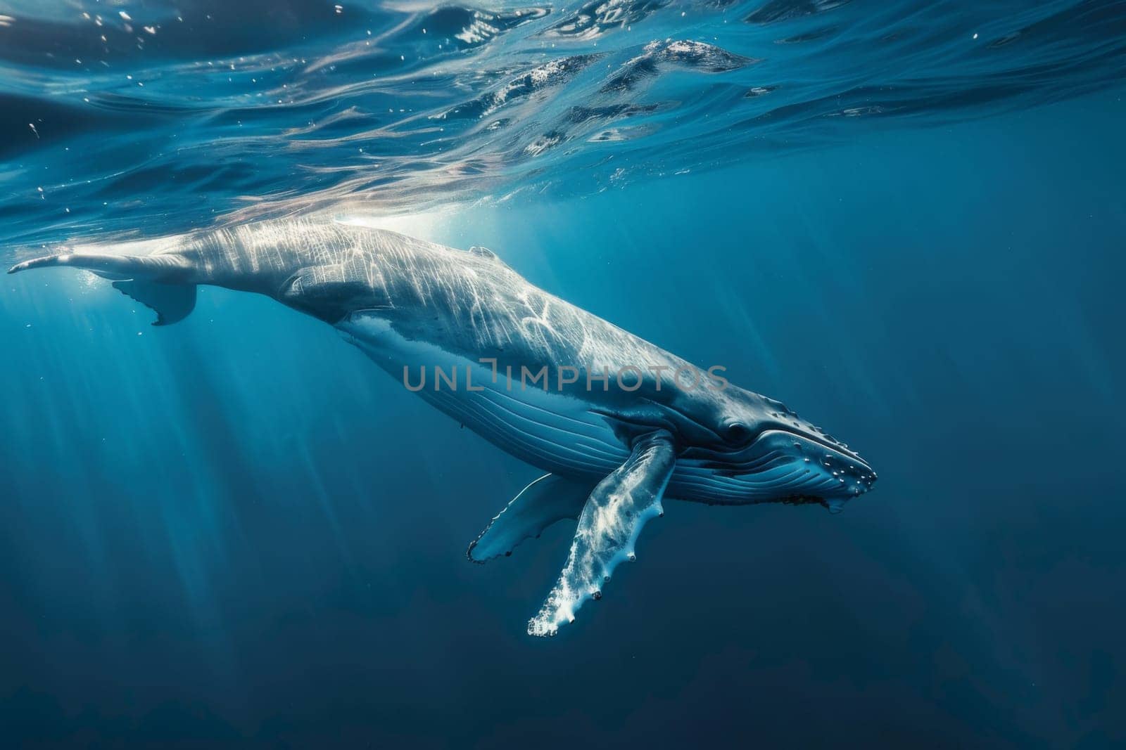 A large humpback whale gracefully swims through the deep blue ocean waters, its massive body gliding effortlessly through the waves as it moves. The whales distinct body shape and long flippers are visible as it propels itself forward.