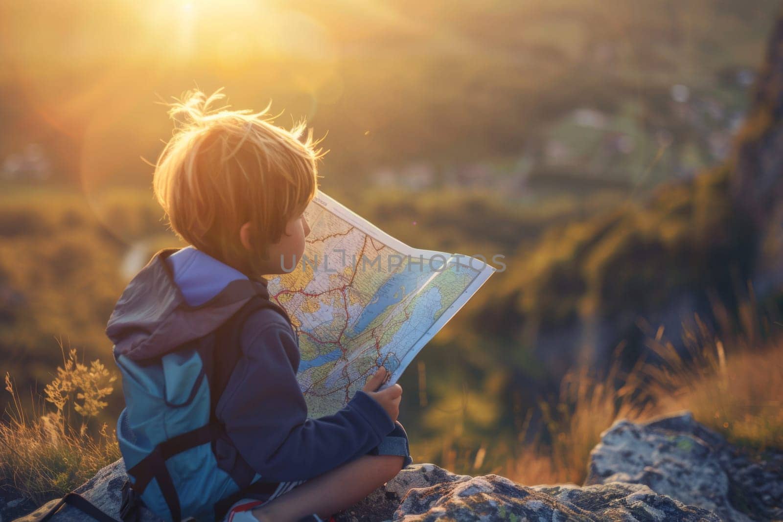 A small boy, seated on a large rock, attentively studies a map in his hands. He appears engaged, focused on navigating his surroundings using the map as a guide.