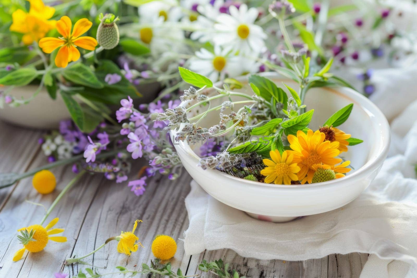 A collection of colorful flowers neatly arranged in a round bowl, showcasing their vibrant petals and varied shapes. The bowl sits on a flat surface, casting a soft shadow beneath it.