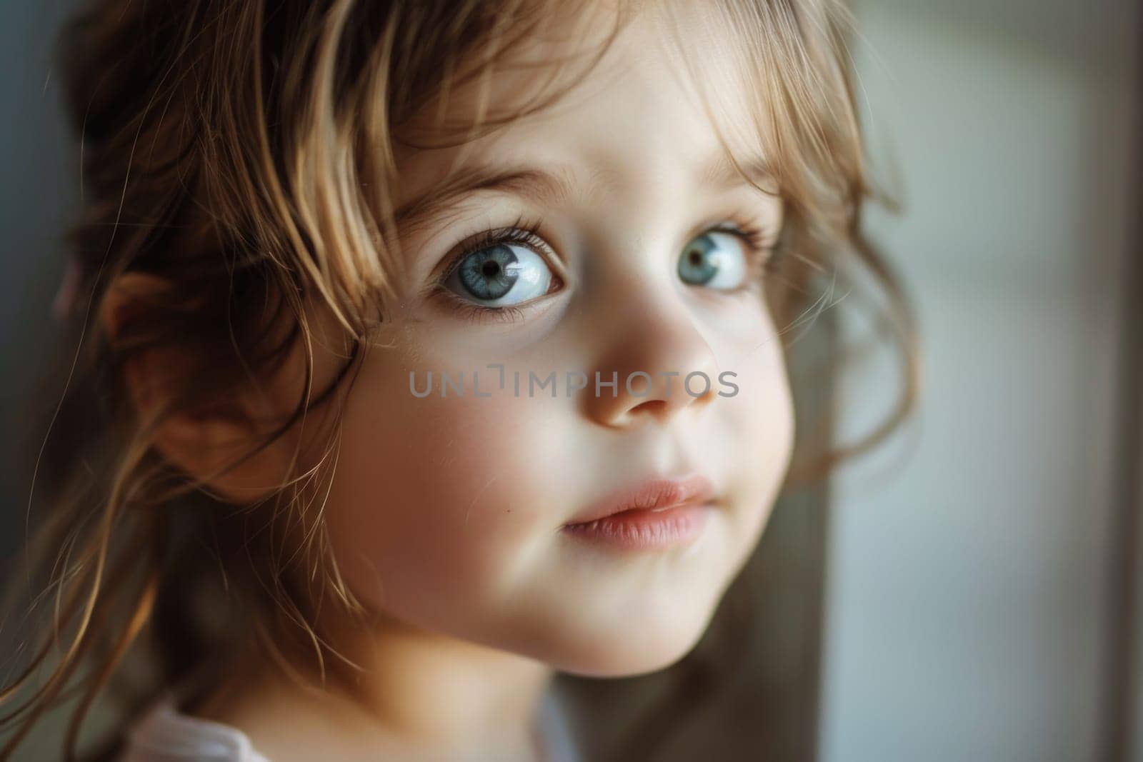 A close-up view capturing the exquisite features of a child with striking blue eyes. The image showcases the detailed beauty of the childs eyes, highlighting their unique color and depth.