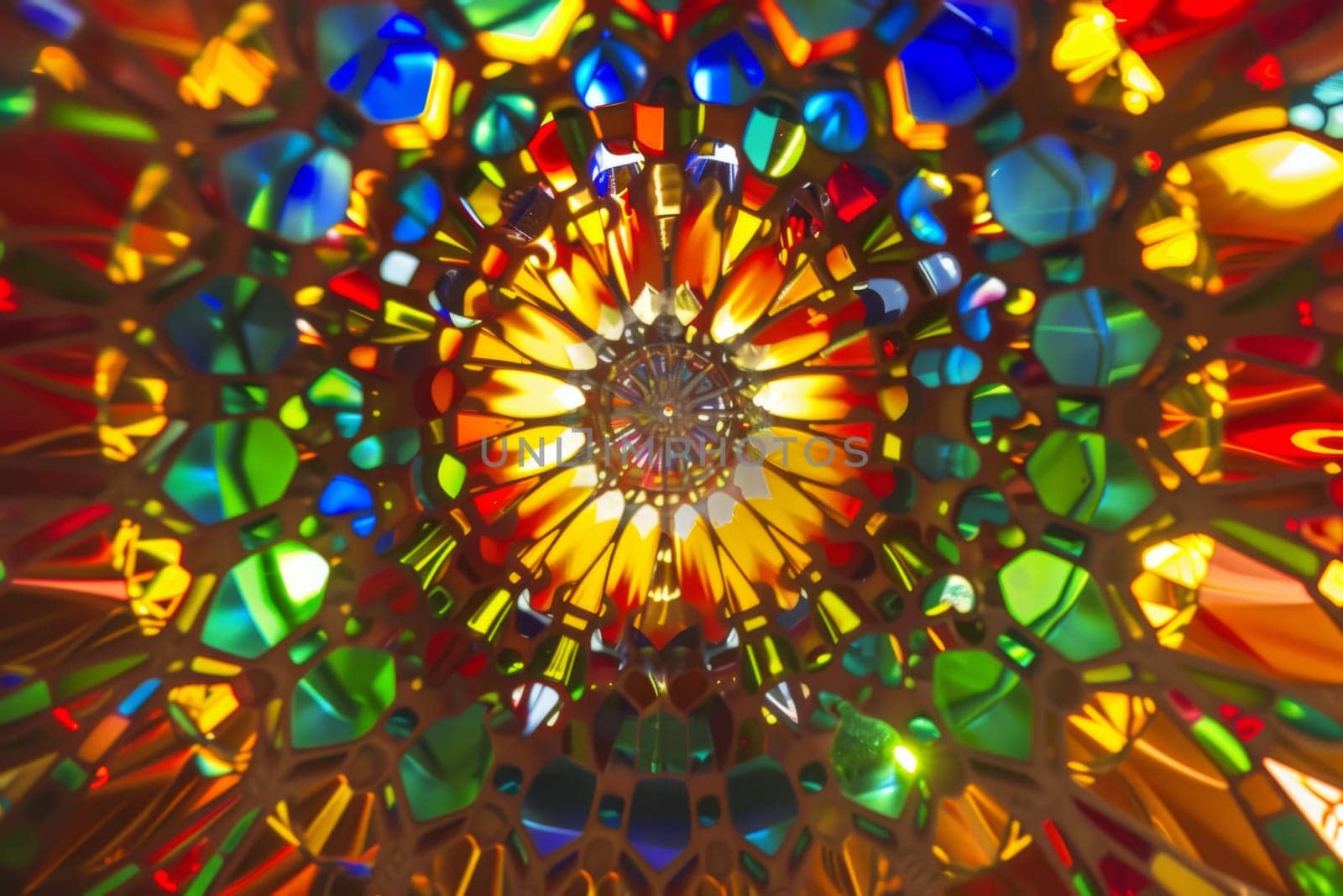 This close-up view shows a vibrant stained glass window featuring intricate patterns and a variety of colors, including shades of blue, red, green, and yellow. The sunlight shines through the glass, illuminating the detailed design.