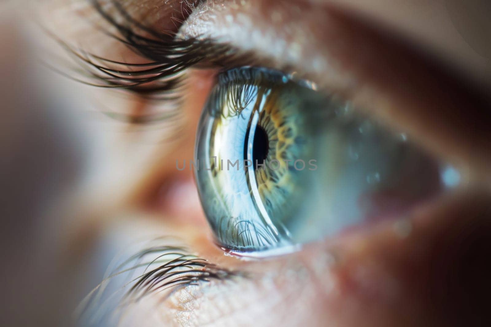 A detailed view of a human eye with striking blue iris and intricate patterns of the pupil. The eye is wide open, showcasing the intensity of the blue color and the complexity of the eye structure.