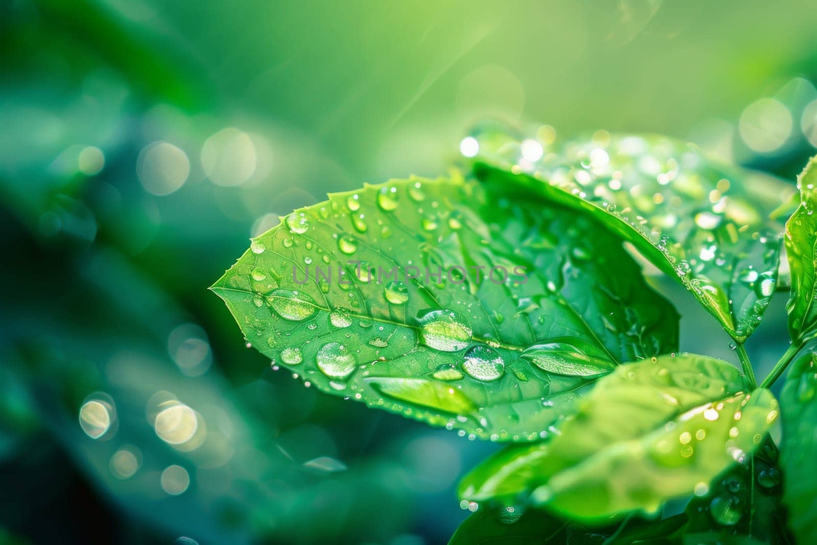 A close-up view of a vibrant green leaf covered in glistening water droplets, reflecting light and showcasing the intricate details of its surface.