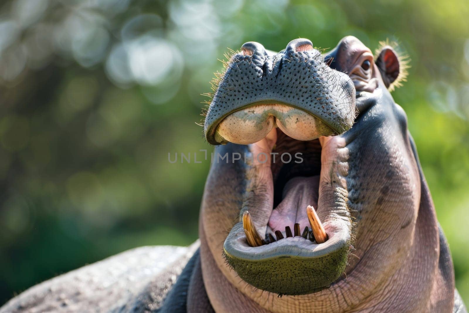 A close-up view of a hippopotamus showcasing its massive mouth wide open, revealing its formidable teeth. The hippos powerful jaws and tusks are prominent, displaying its dominance in the animal kingdom.