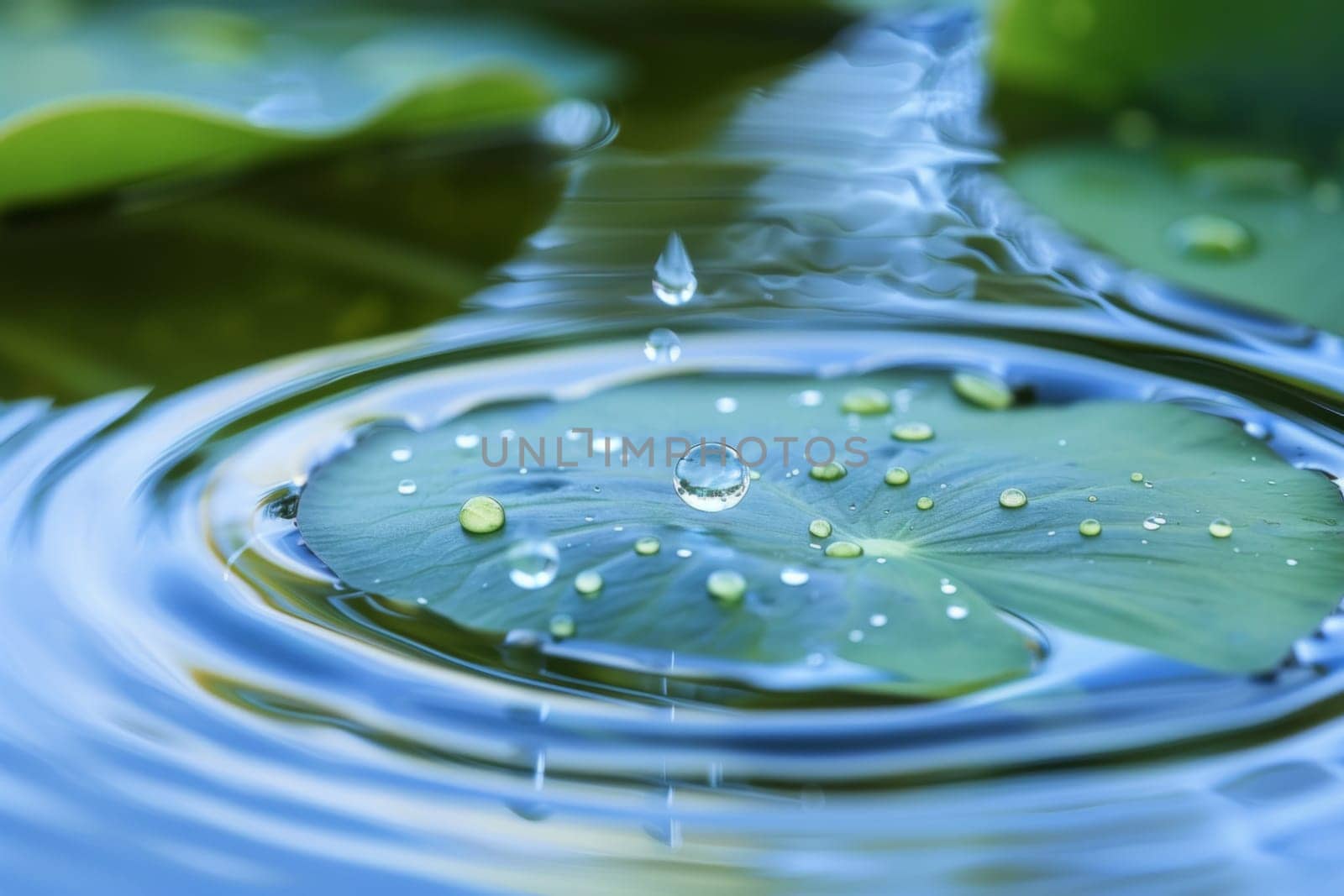 A single green leaf peacefully floats on the calm surface of a body of water, creating a simple and serene sight. The leaf bobs gently with the movement of the water, creating a natural and tranquil scene.