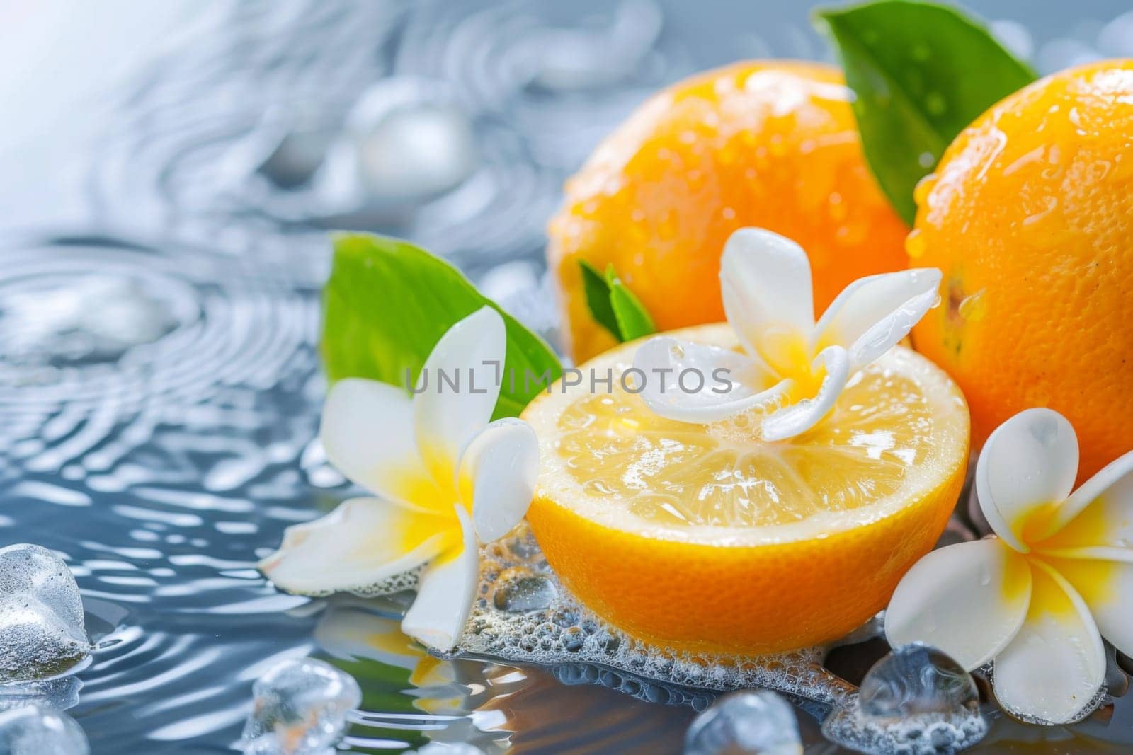 Two ripe oranges are shown in close-up, with delicate flowers carefully placed on their vibrant orange peels. The flowers add a touch of beauty and elegance to the already colorful fruits.