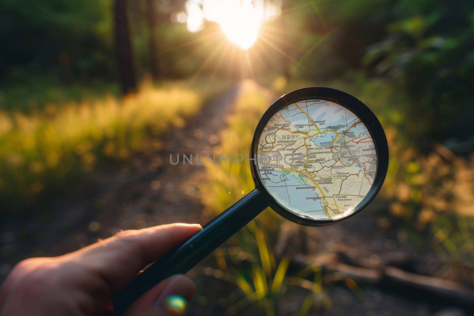 A person is holding a magnifying glass in one hand while scrutinizing a map in the other hand. They seem intent on finding a specific location with the help of the magnifying glass and map.
