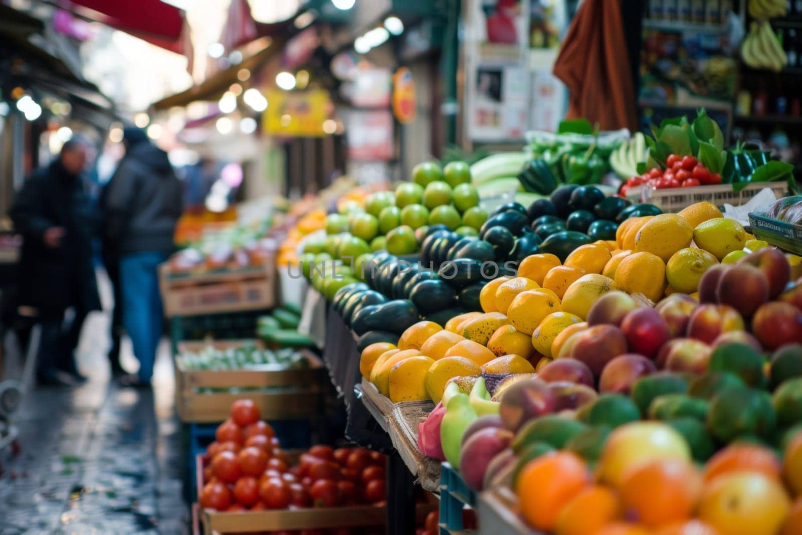 The market is filled with stalls overflowing with colorful fruits and vegetables. Customers are browsing, selecting, and purchasing produce from the vendors. The atmosphere is vibrant and busy.