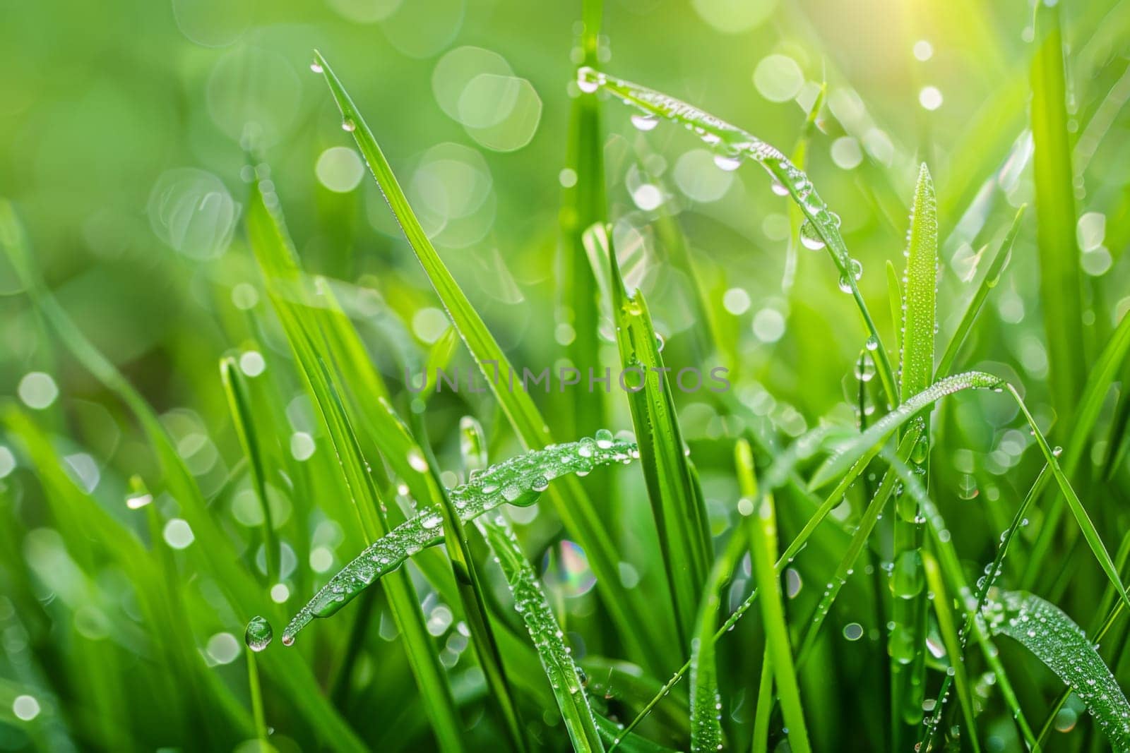 A detailed close-up view of green grass blades covered in small water droplets, reflecting bright light. The droplets appear like jewels, enhancing the texture and freshness of the grass.