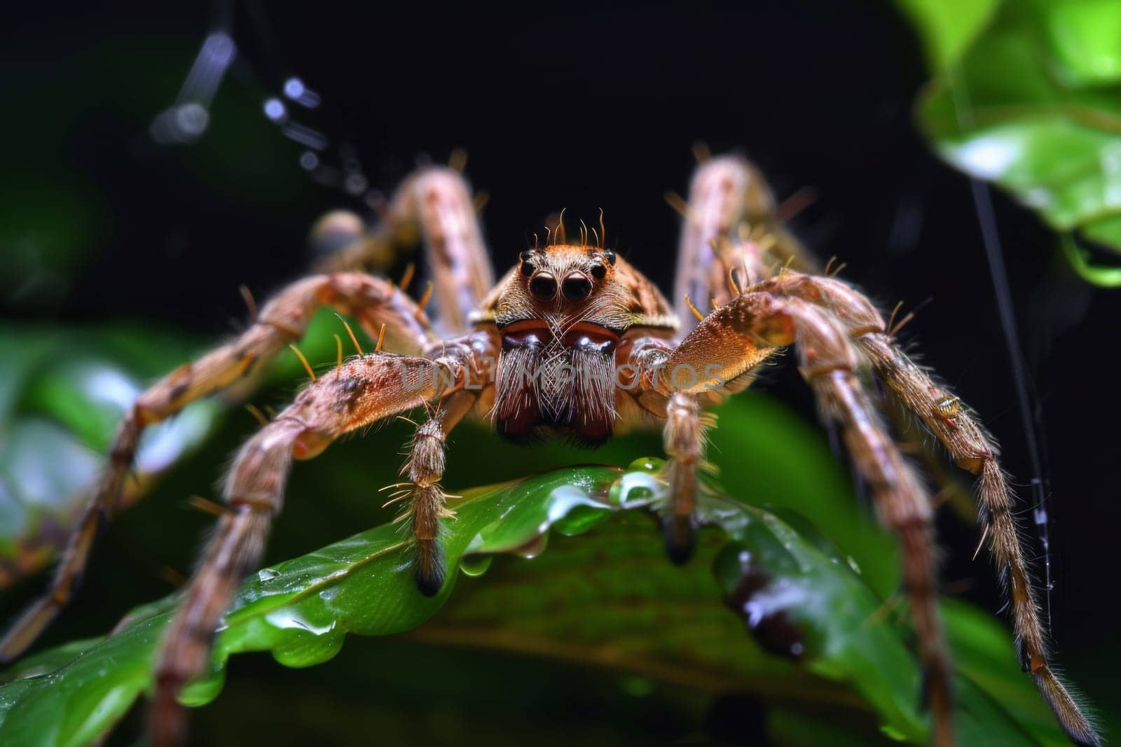 A detailed close-up of a spider perched on a vibrant green leaf, showcasing its intricate body structure and delicate legs in the natural environment.