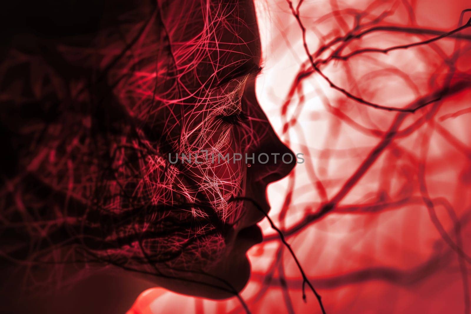 A close-up of a womans face with branches in the background. The womans features are highlighted, with the branches adding a natural element to the composition.
