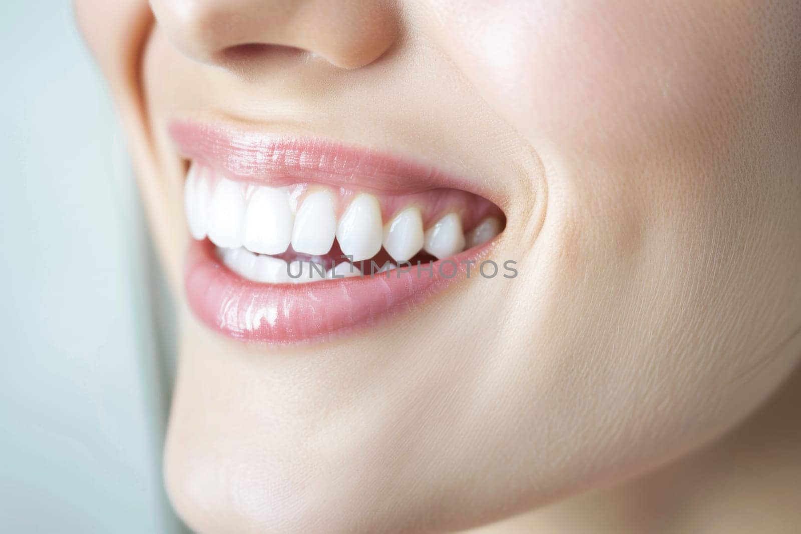A close-up view of a womans smiling face, showcasing her gleaming white teeth. The image highlights the womans happiness and dental hygiene.