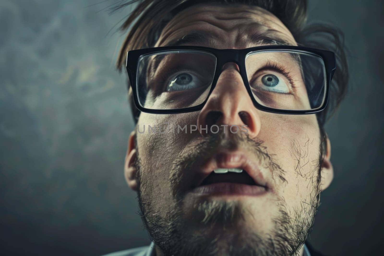 A man with glasses contorts his face, eyes wide open in a comedic expression. His facial muscles are visibly strained as he creates a humorous grimace.