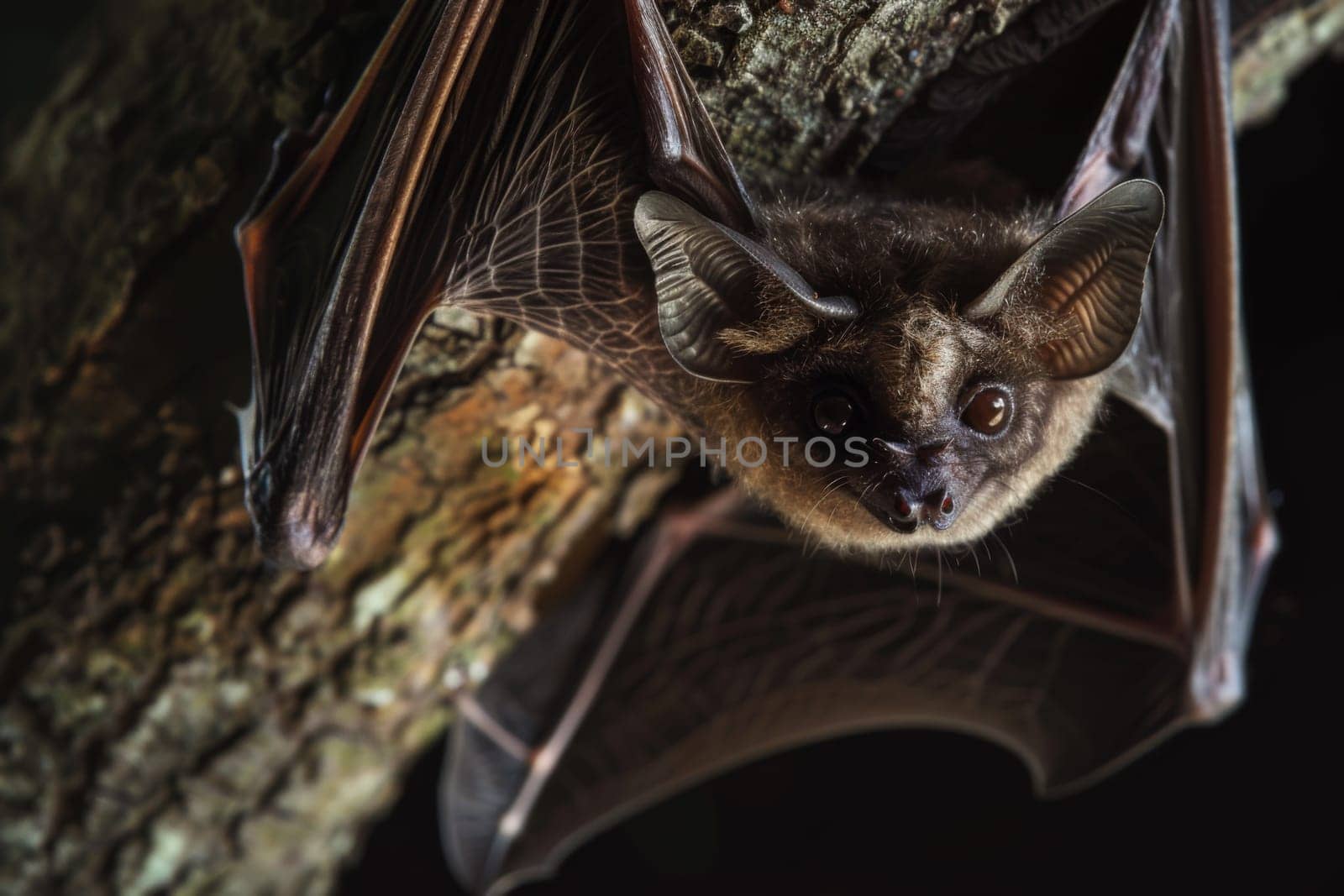 A bat clings upside down to a tree branch, showcasing its unique ability to roost in this position. The bats wing membranes are stretched out, aiding in balance and camouflage against the dark tree bark.