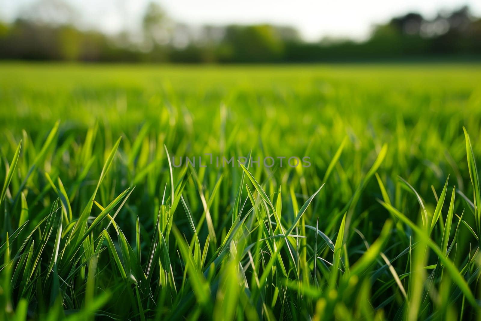 A vast expanse of vibrant green grass fills the foreground, with tall trees lining the background. The scene portrays a typical countryside landscape with a field and trees under a clear sky.
