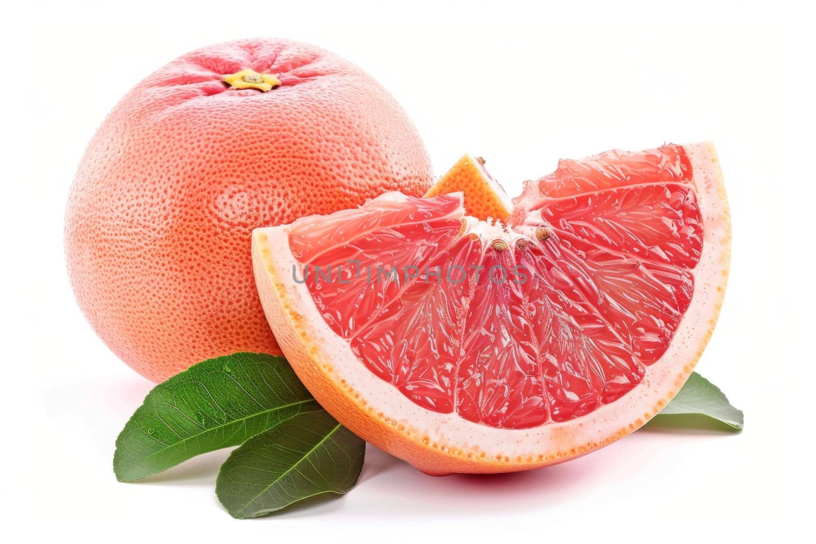 A freshly cut grapefruit sits beside a whole grapefruit on a flat surface, showcasing the contrasting textures and colors of the juicy fruit. The vibrant pink flesh of the halved grapefruit next to the smooth peel of the whole fruit creates an appealing visual.