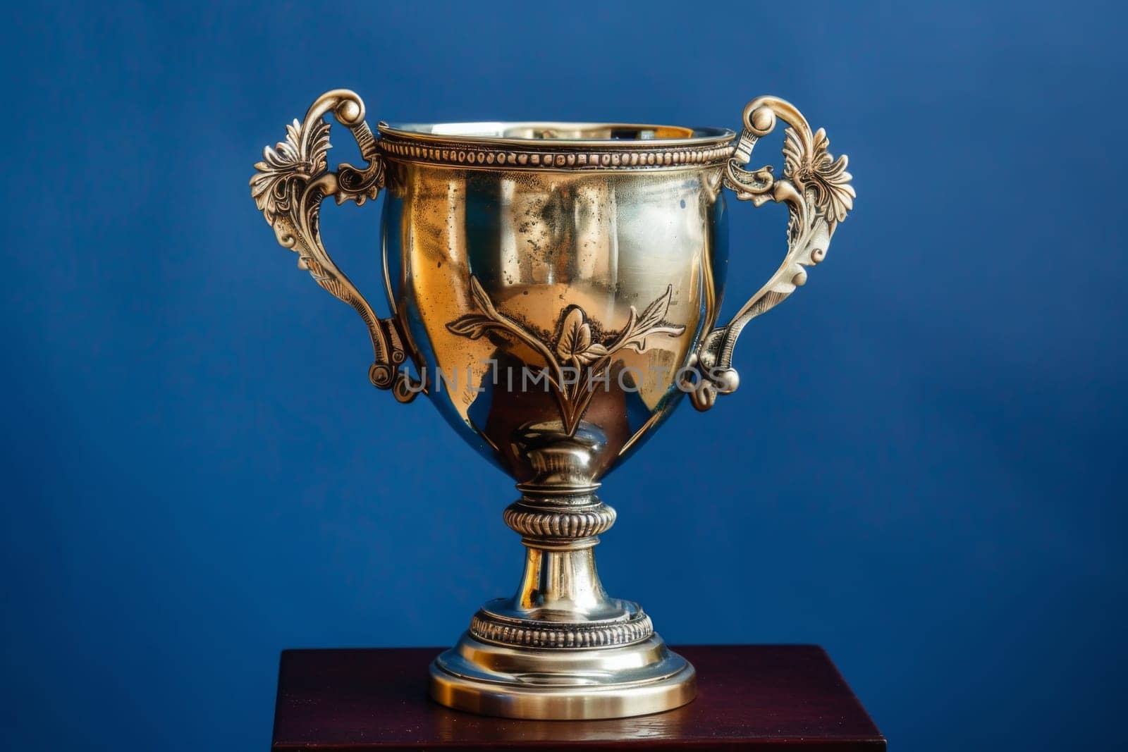 A silver trophy is placed on top of a wooden table. The trophy gleams in the light, showcasing its intricate design and craftsmanship.