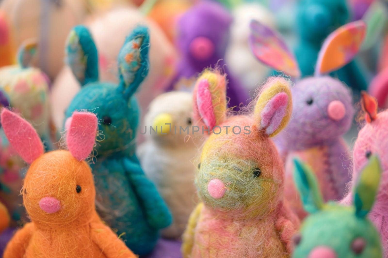 A collection of various stuffed animals, including bears, bunnies, and elephants, sitting closely next to each other in a row. Each plush toy has a different color and design on display.