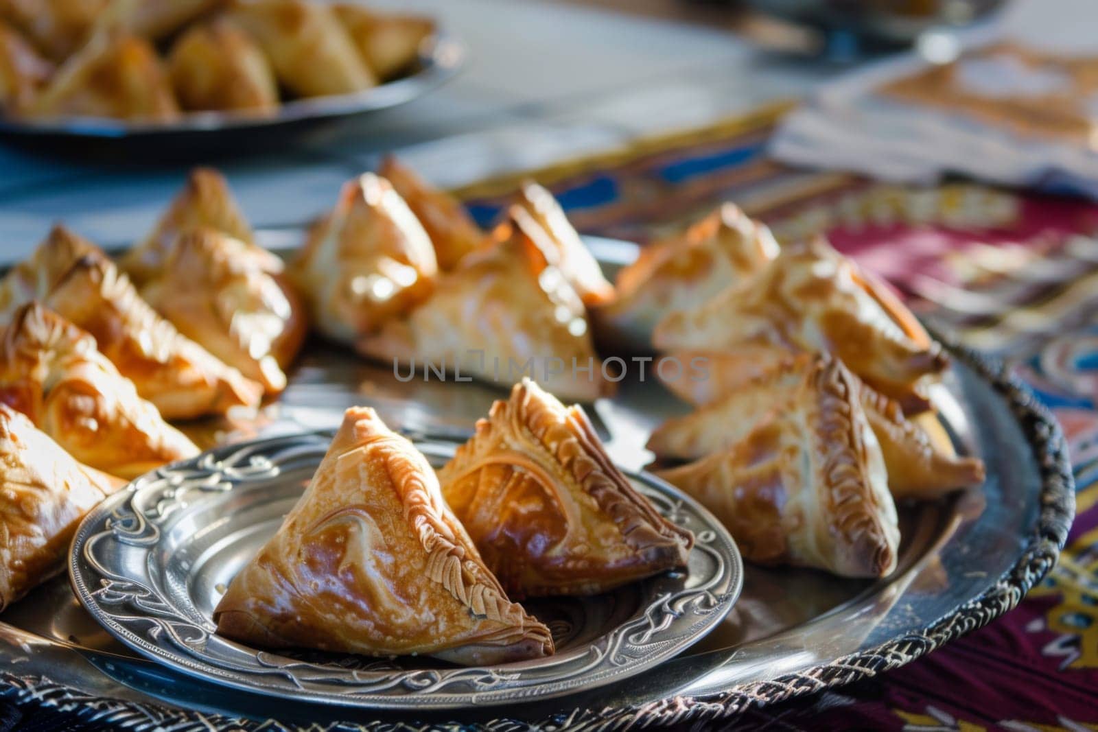 A silver plate filled with assorted pastries sits on top of a wooden table, showcasing a delicious array of treats ready to be savored.