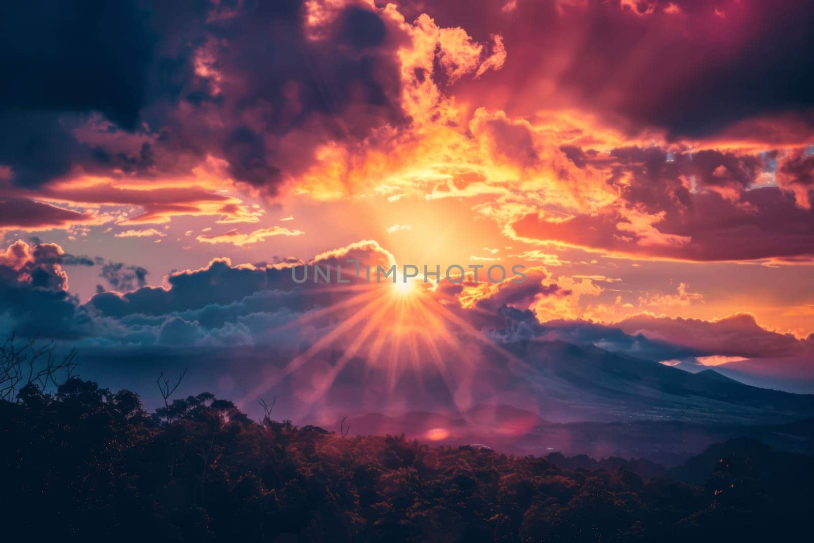 The sun descends below the horizon, casting a warm glow over the jagged peaks of a mountain range. Silhouettes of mountains stand tall against the colorful sky, creating a dramatic and mesmerizing scene.