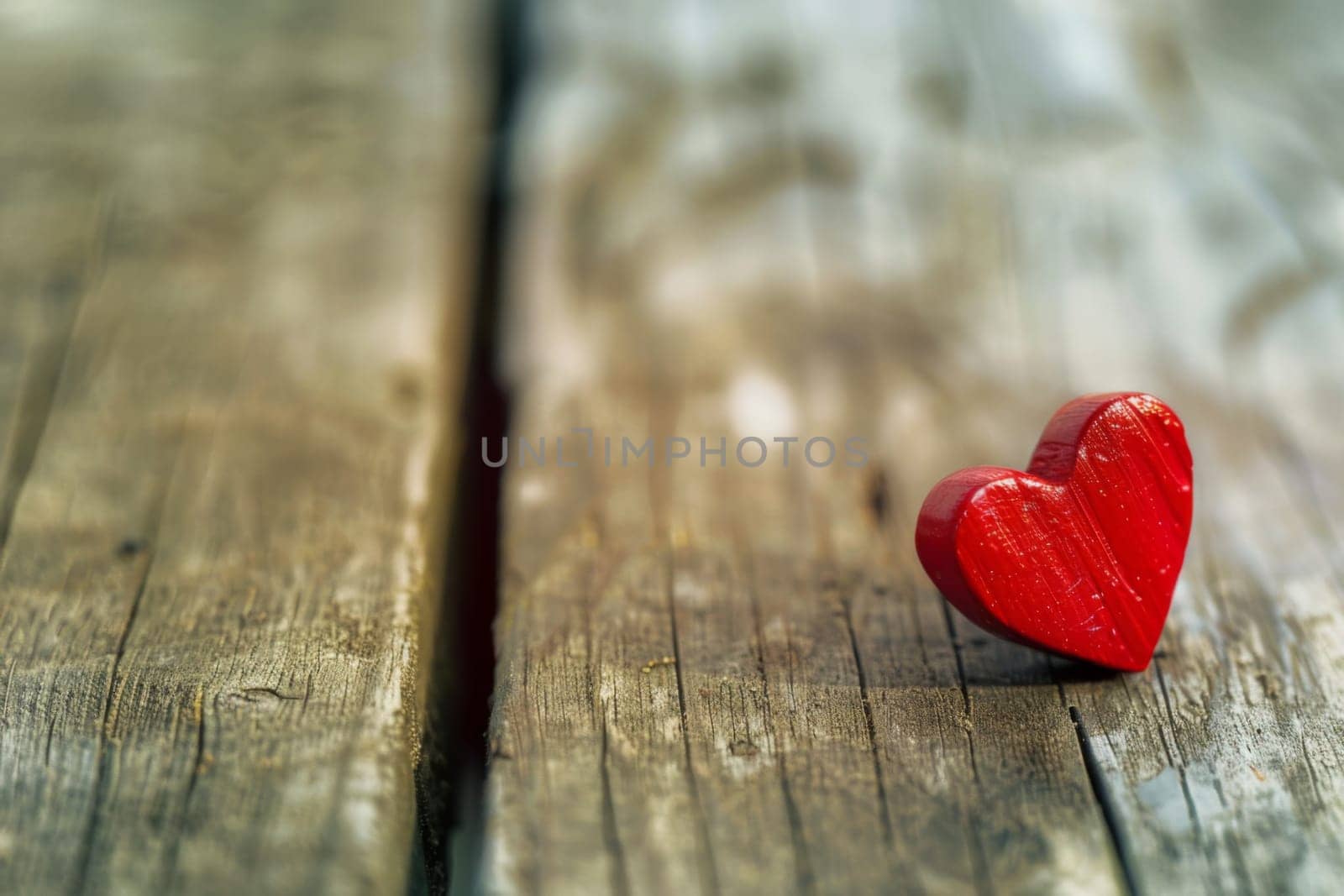 A red heart-shaped object is placed on top of a wooden table, showing a contrast between the vibrant color and natural wood texture.