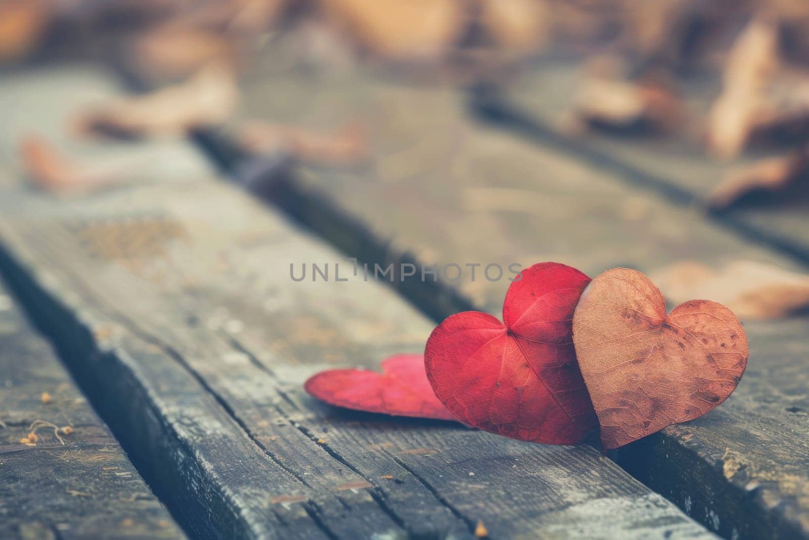 Two bright red heart-shaped objects are placed neatly on a weathered wooden bench. The hearts contrast against the dark wood, creating a striking visual image.