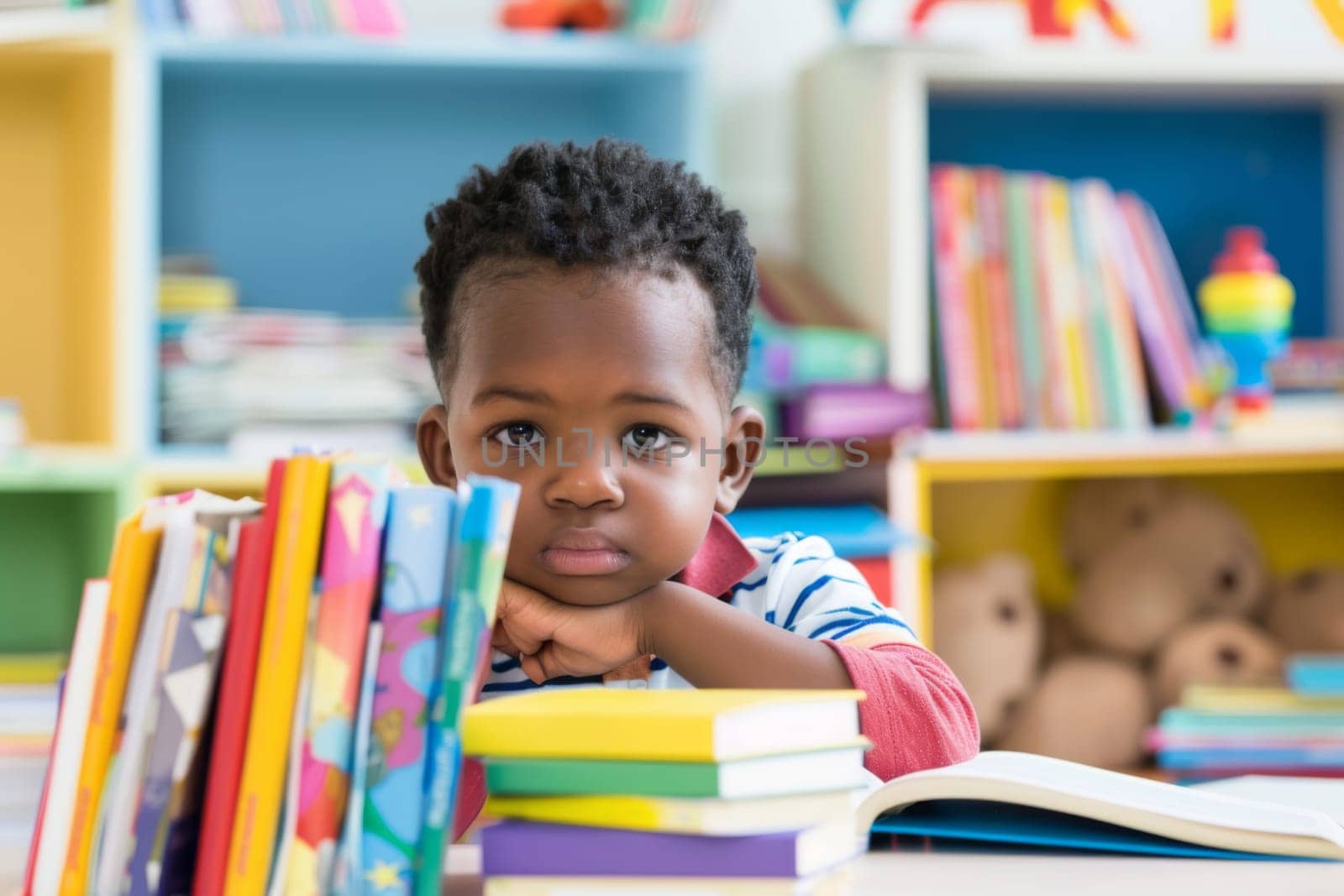 A young boy with short hair sits at a table, surrounded by a variety of colorful books. He appears engaged in reading, with a focused expression on his face.