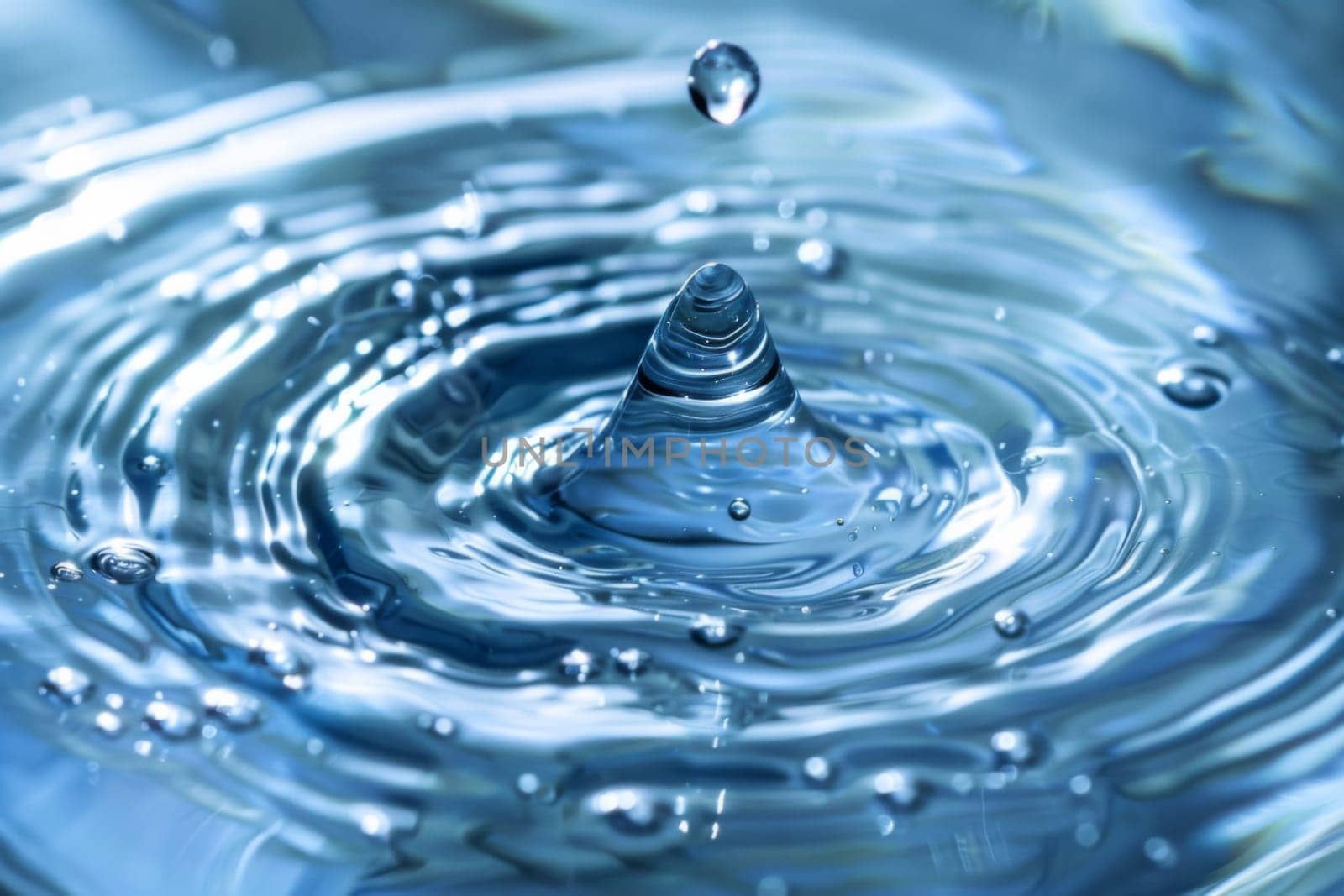 This close-up shot showcases a singular water droplet falling into a stainless steel sink, creating a small ripple. The drop is clear and reflects the surrounding light, while the sink surface appears shiny and clean.