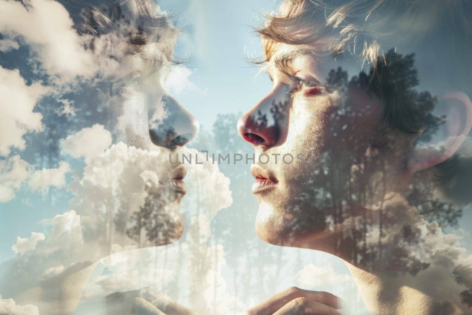 A man and a woman standing face to face, looking directly into each others eyes with intense focus and attention. Their body language suggests a moment of deep connection and communication.