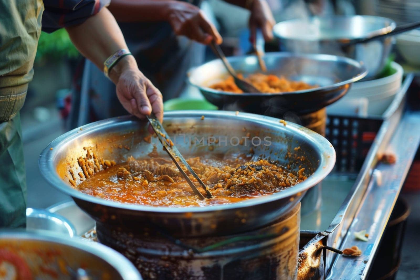 A diverse group of individuals are gathered around a table stacked with various dishes of food. They appear engaged in conversation, some reaching for plates and serving themselves. The scene suggests a social gathering or mealtime event.