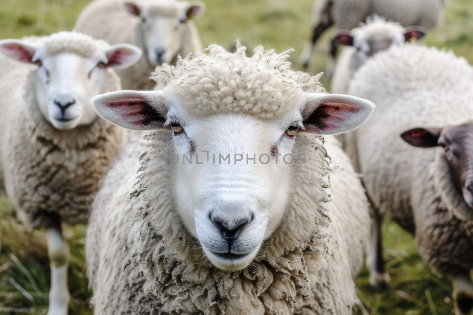 A group of sheep, their woolly coats blending with the vibrant green grass below, stand on a lush field. The herd seems content as they graze and move around the meadow under the clear sky.