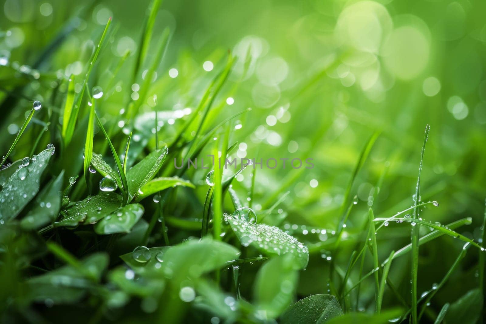 This close-up view showcases blades of grass covered in delicate water droplets, glistening under the sunlight. The water droplets are perfectly spherical, clinging to the blades of grass, enhancing the texture and detail of each individual leaf. The intricate network of veins on the grass blades creates a mesmerizing pattern, accentuated by the shimmering water droplets.