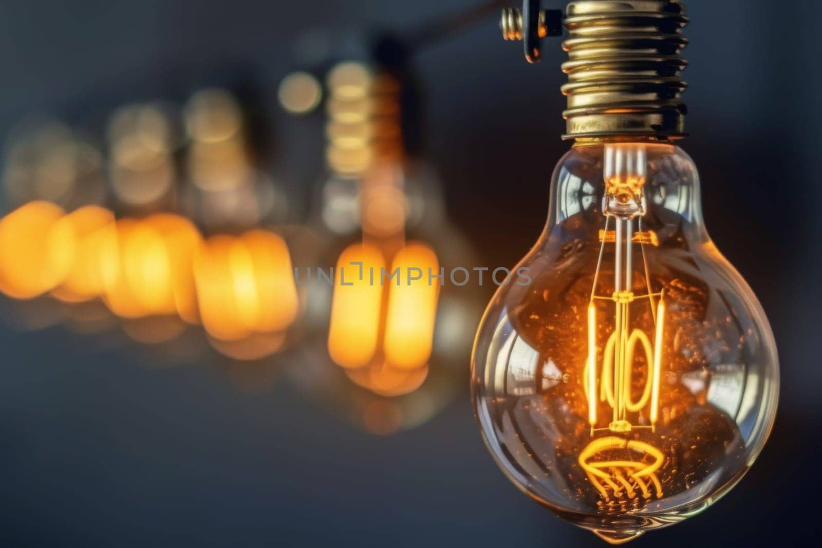 A light bulb has been turned on, casting a bright glow in a room. The filament inside the bulb is illuminated, creating light and warmth.