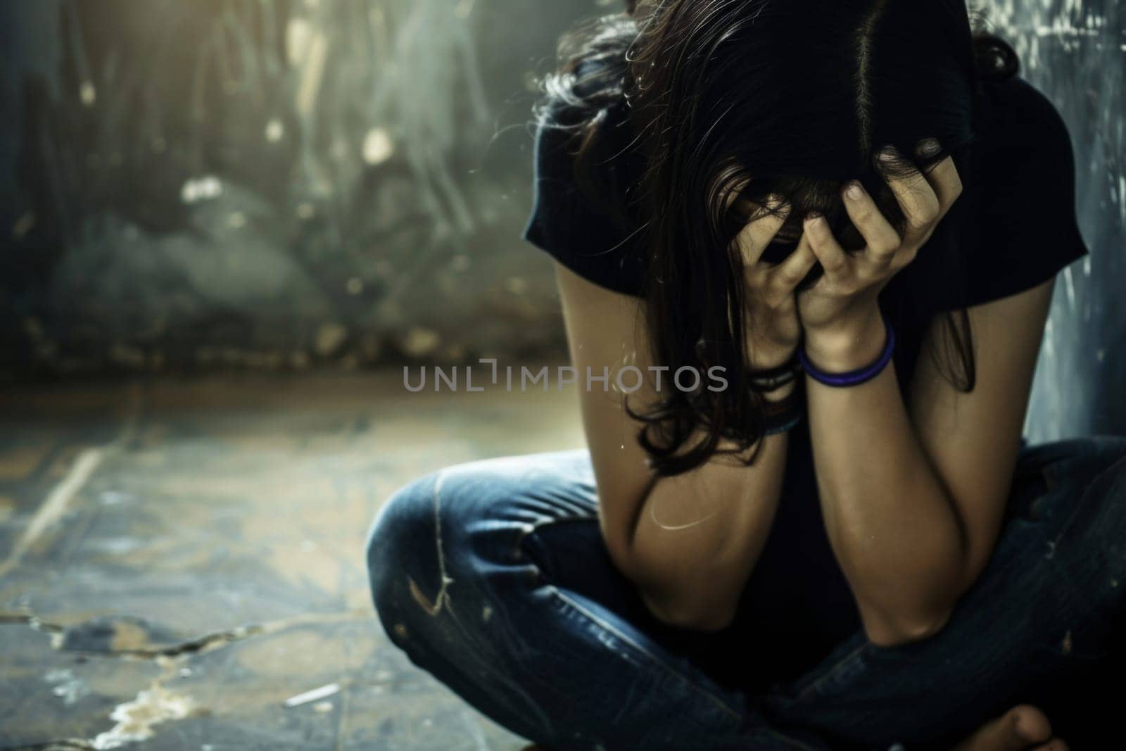 A woman is seen sitting on the ground, her hands covering her face in a distressed manner. She appears to be experiencing emotional distress or anguish.