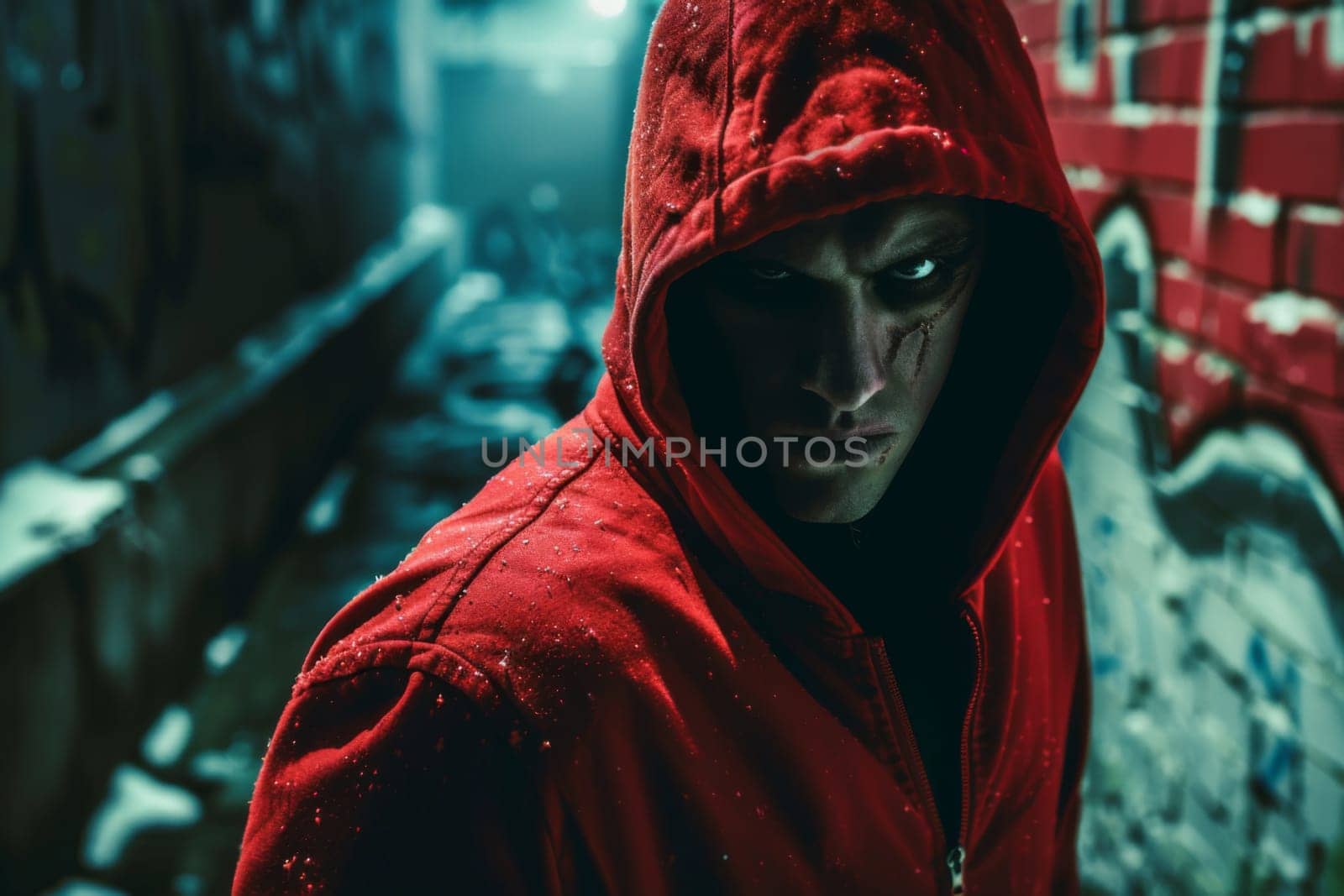 A man wearing a red hoodie is standing in front of a wall, looking straight ahead. The wall behind him appears to be made of bricks with some graffiti. The mans hands are in his pockets, and he seems to be deep in thought.
