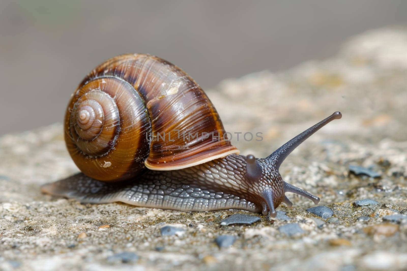 A detailed view of a snail moving slowly across a textured rock surface. The snails spiral shell and tentacles are clearly visible as it navigates its way.